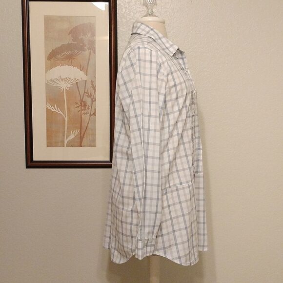 J. Jill Size M Gray Blue White Plaid Button Down Tunic Blouse - Picture 4 of 10
